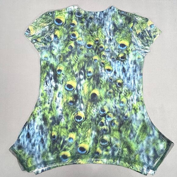 Indigo Soul Top Women's Medium Green Blue Short Sleeve Peacock Mesh Boho Shirt - Picture 4 of 15